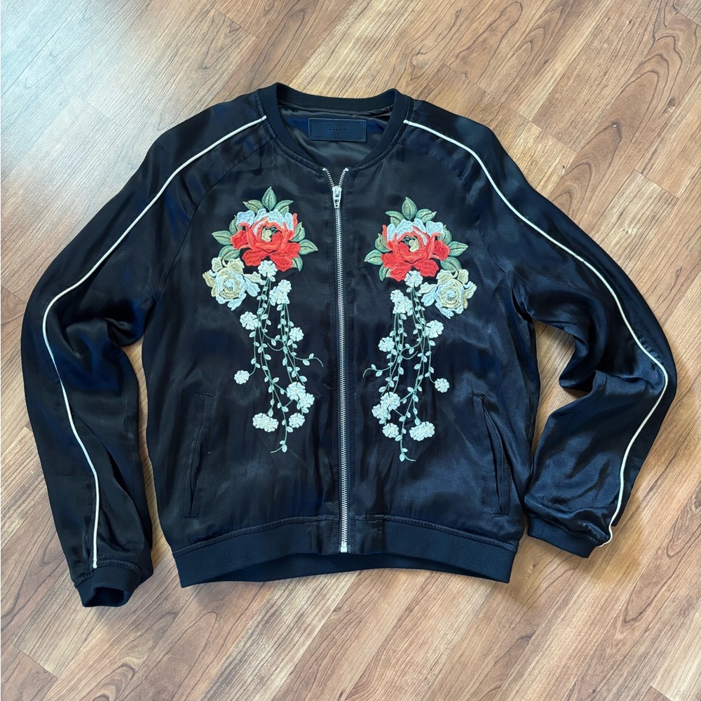 Blank NYC Black Satin Embroidered Bomber Jacket Size X-Small
